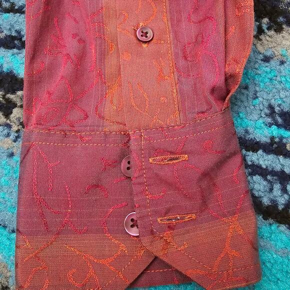 Men's J. Ferrar Button Up Striped Red & Orange with Subtle Floral Print Shirt M - Picture 6 of 8